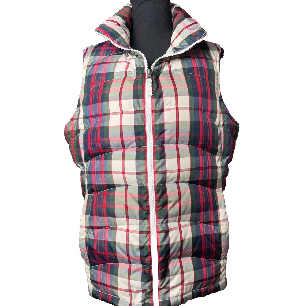 Land's End Down Quilted Puffer Vest Women's M 10-12 Red/Green Plaid Full Zip
